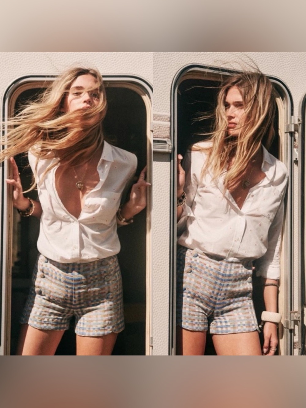Sézane Paula Shorts Unbleached Jacquard Cotton Plaid High Rise Check Plaid Tweed